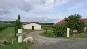 Une propriété rurale avec une allée de gravier menant à un bâtiment blanc doté d’un toit rouge, entouré de champs verdoyants et où se trouve un chien près d’un panneau indiquant « Au Faubourg ».