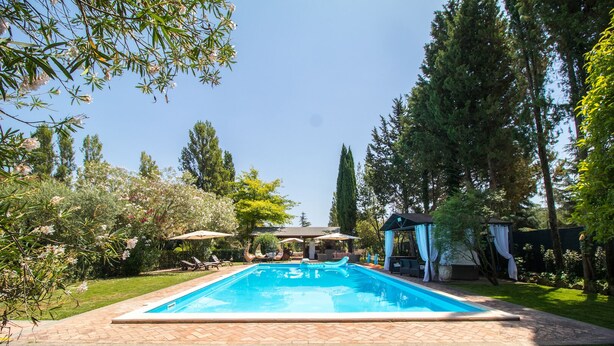 Une piscine rectangulaire dotée d’une plage carrelée, entourée d’une pelouse bien entretenue et de divers arbres.