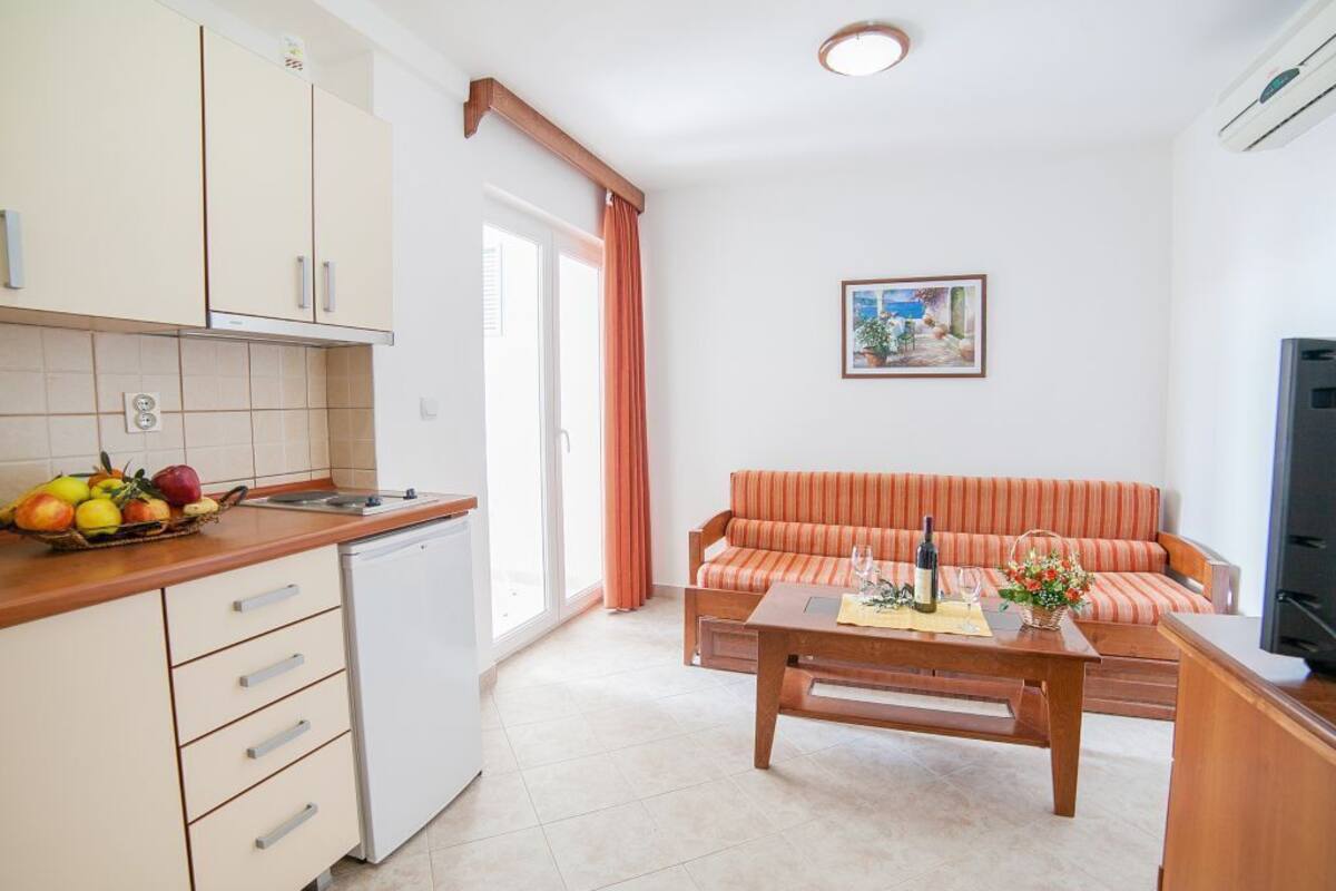 A compact living space with a kitchenette, a sofa, a coffee table, and a television.