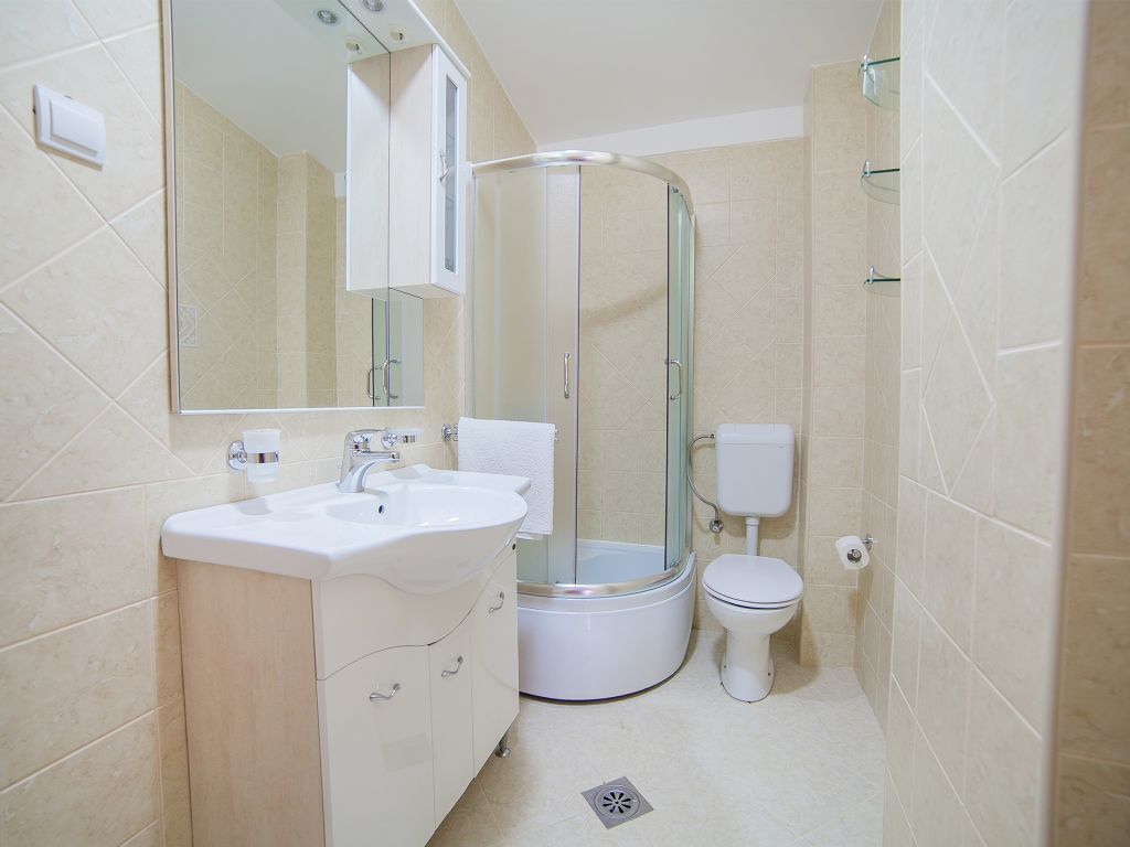 Une salle de bain moderne avec une douche à parois de verre, un lavabo blanc et des toilettes.