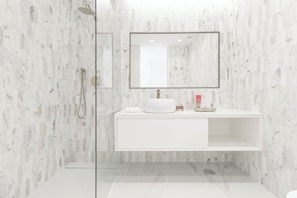 Shower, hair dryer, towels, toilet paper
