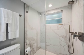 Shower, hair dryer, towels, shampoo