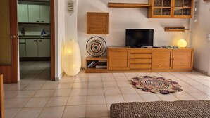 Ein Wohnzimmer mit Fernseher, Holzkästen, einem Teppich und einer im Hintergrund sichtbaren Küche.