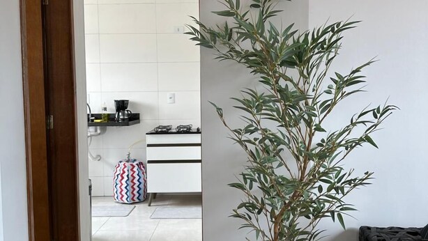 A hallway leading to a kitchen with white tiles, a potted plant, and a patterned bag on the floor. - CASA DOS VENTOS (Praia Grande)