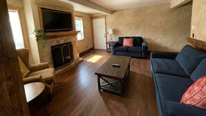 Een woonkamer met een open haard, een bank, een salontafel en een televisie.