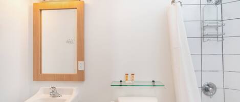 A bathroom with a sink, mirror, toilet, and shower.