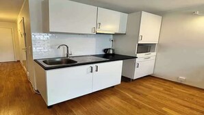 A compact kitchen with white cabinets, a black countertop, and a stainless steel sink. - Apartment near Oslo, Drammen, and a lake (Buskerud)