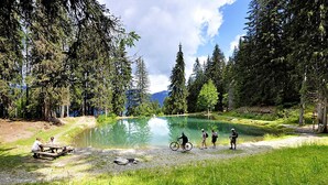 A group of people by a lake surrounded by trees, with a picnic table and a bicycle. - Apartment 4 Adults and one child - Flumet - heated swimming pool (Flumet)