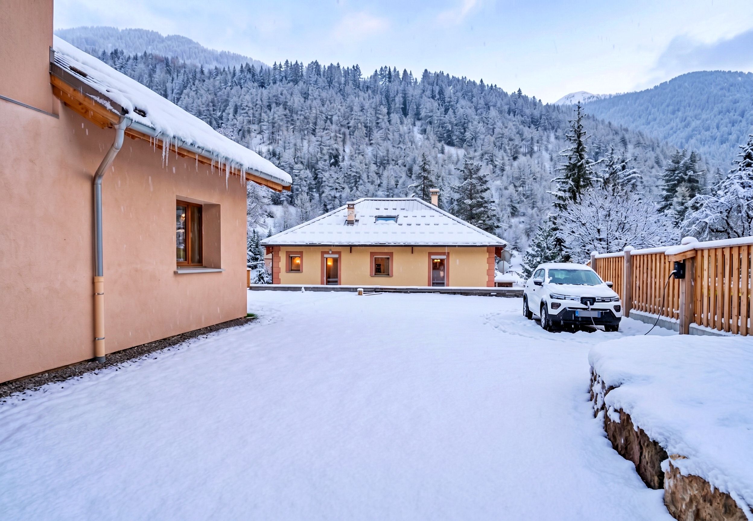 A snow-covered building with a car parked in front, surrounded by a snowy landscape and forested mountains.