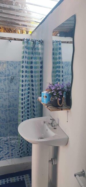 Cabaña económica, 1 cama doble, patio, vistas al jardín | Baño | Ducha, cabezal de ducha tipo lluvia, toallas y jabón