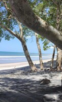 Beach nearby, white sand, beach shuttle, beach umbrellas