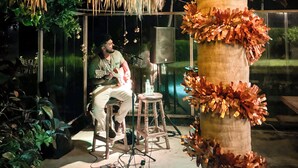 An outdoor seating area with a thatched roof, a central column decorated with tinsel, and a musician playing a guitar. - Room-family Suit With two Rooms and 4 be (Beberibe)