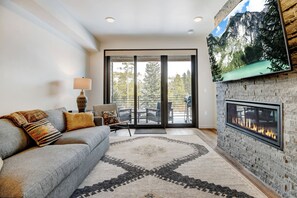 Smart TV, fireplace, video library