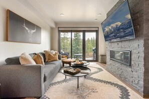 Smart TV, fireplace, video library