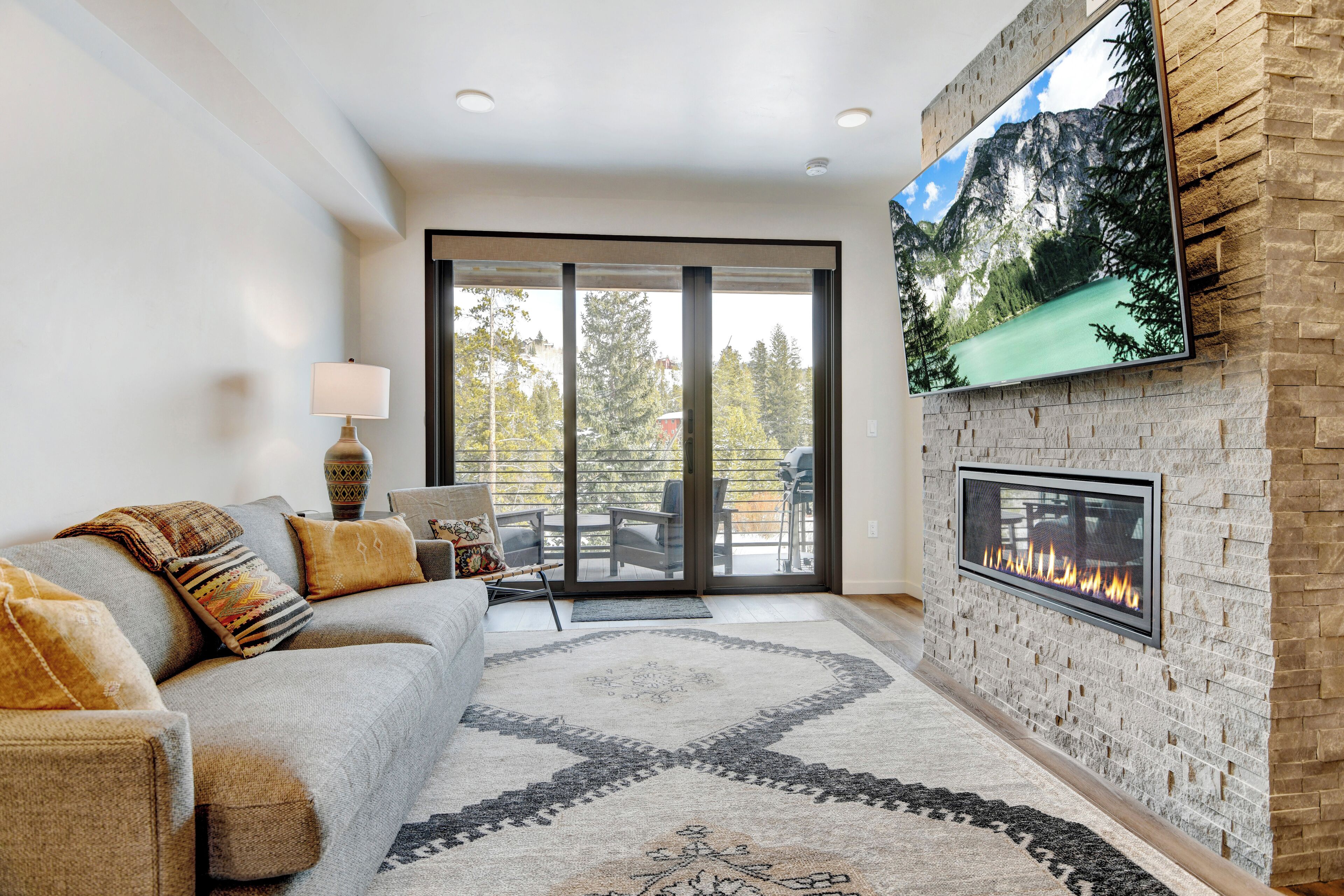 Smart TV, fireplace, video library