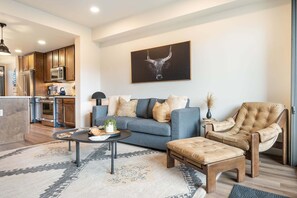 Smart TV, fireplace, video library