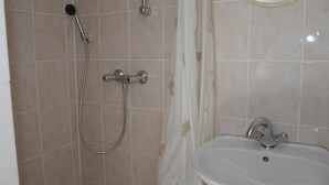 Une salle de bain avec une douche, un lavabo et un miroir.
