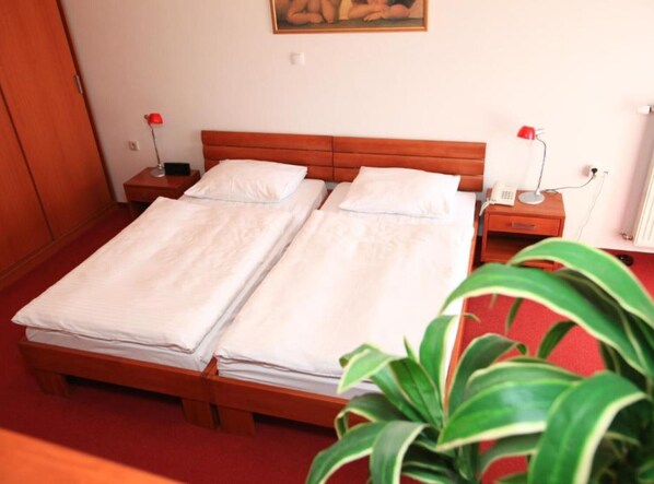 Una cama doble con ropa de cama blanca, un cabecero de madera, una mesita de noche con una lámpara y una planta pequeña en primer plano.