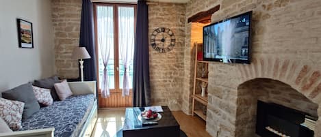 TV connectée, cheminée, livres, vidéothÚque