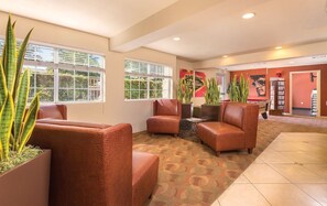 A lobby with seating, large windows, and indoor plants.