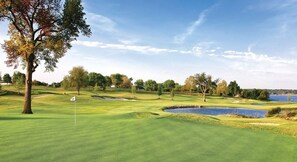 Un parcours de golf avec des drapeaux, des obstacles d’eau et des arbres.