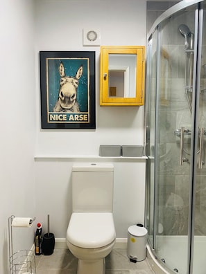 A bathroom with a toilet, a framed picture of a donkey, a mirror, and a shower.