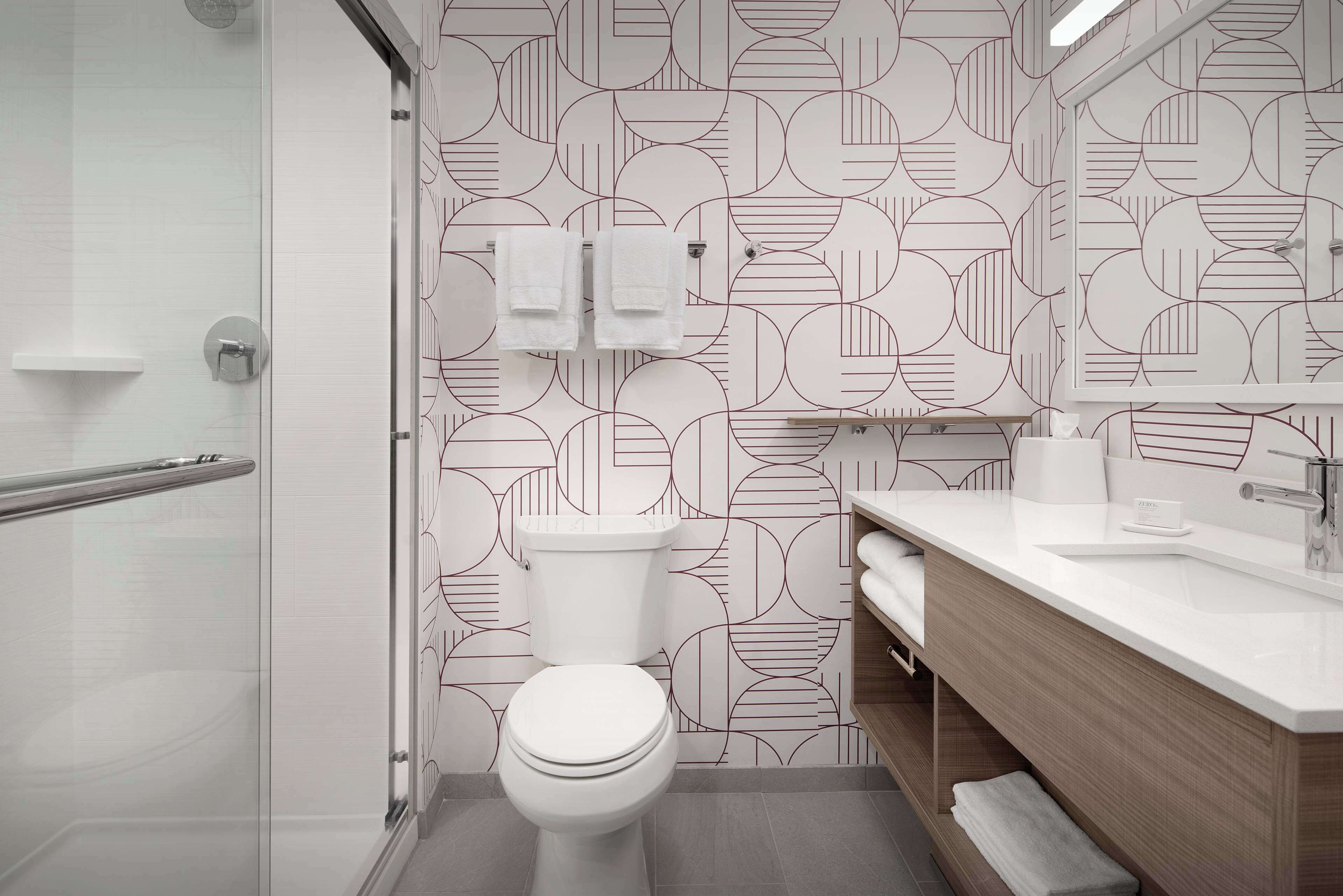 A modern bathroom with a toilet, a shower, and a sink with a mirror.