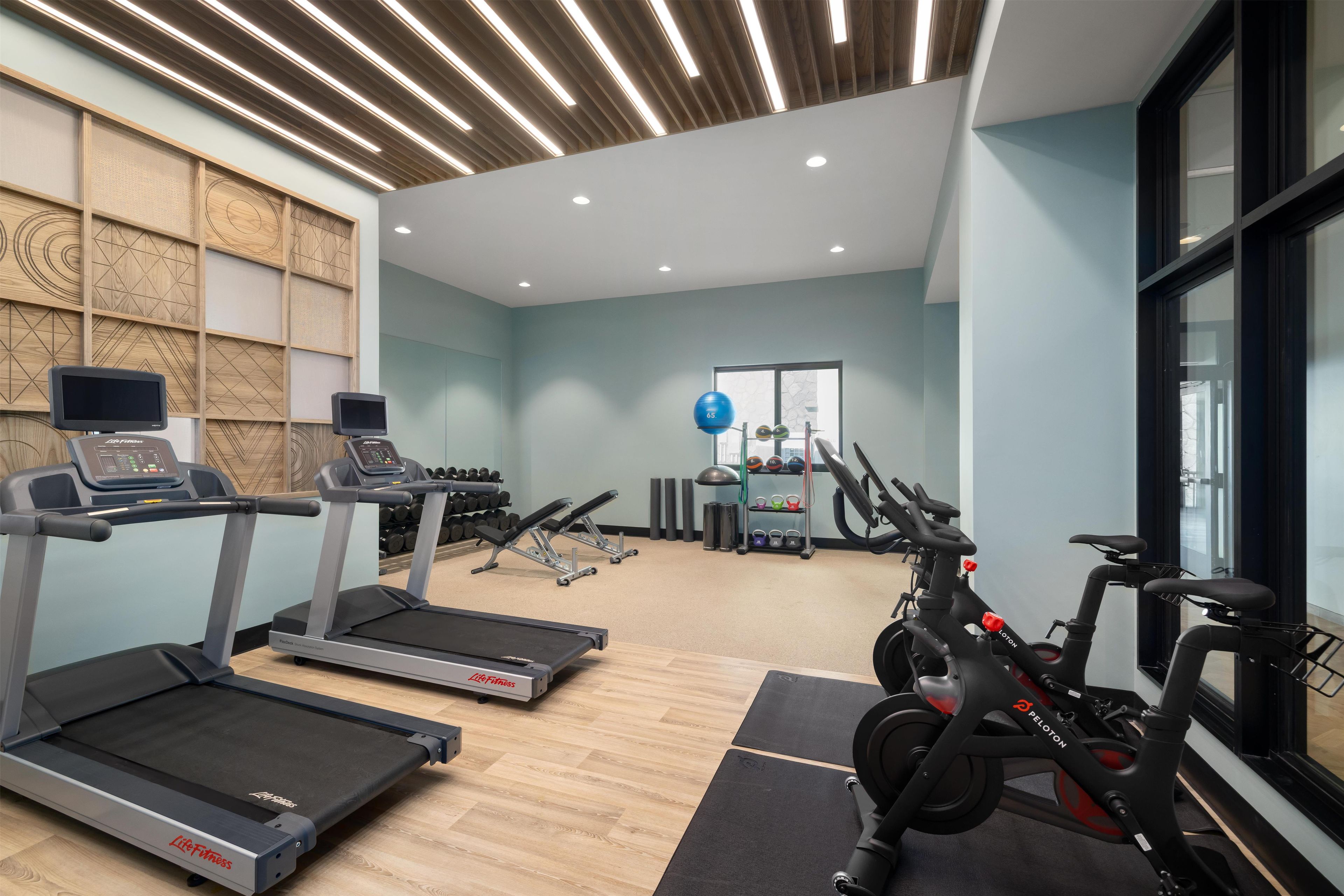 Une salle de sport équipée de tapis de course, d’un vélo elliptique et d’un vélo d’appartement.