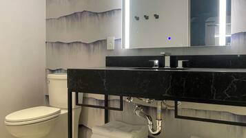 A bathroom with a black marble sink, a white toilet, and a wall-mounted mirror with a light.