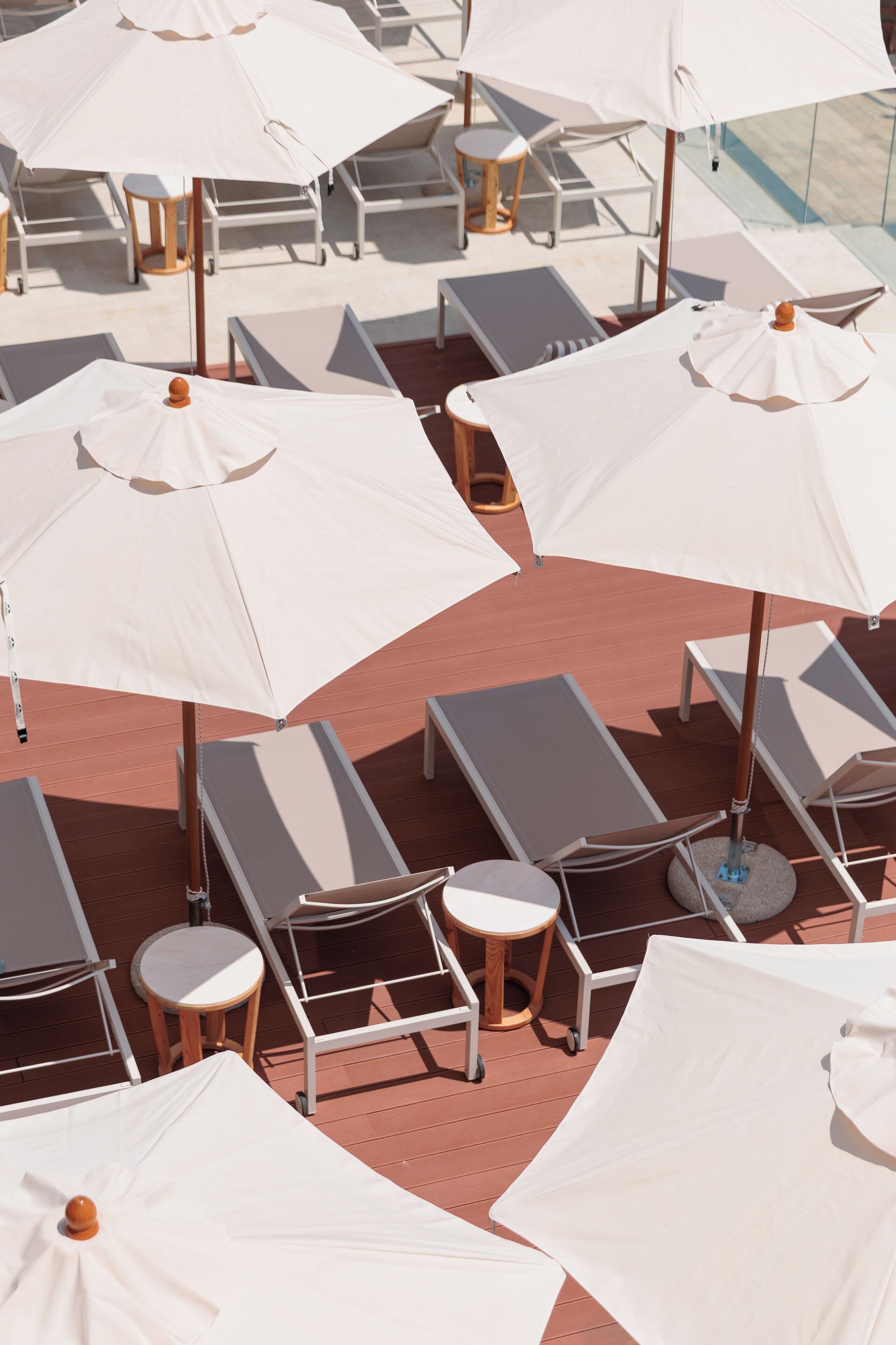 A row of sun loungers with white umbrellas, arranged on a wooden deck.