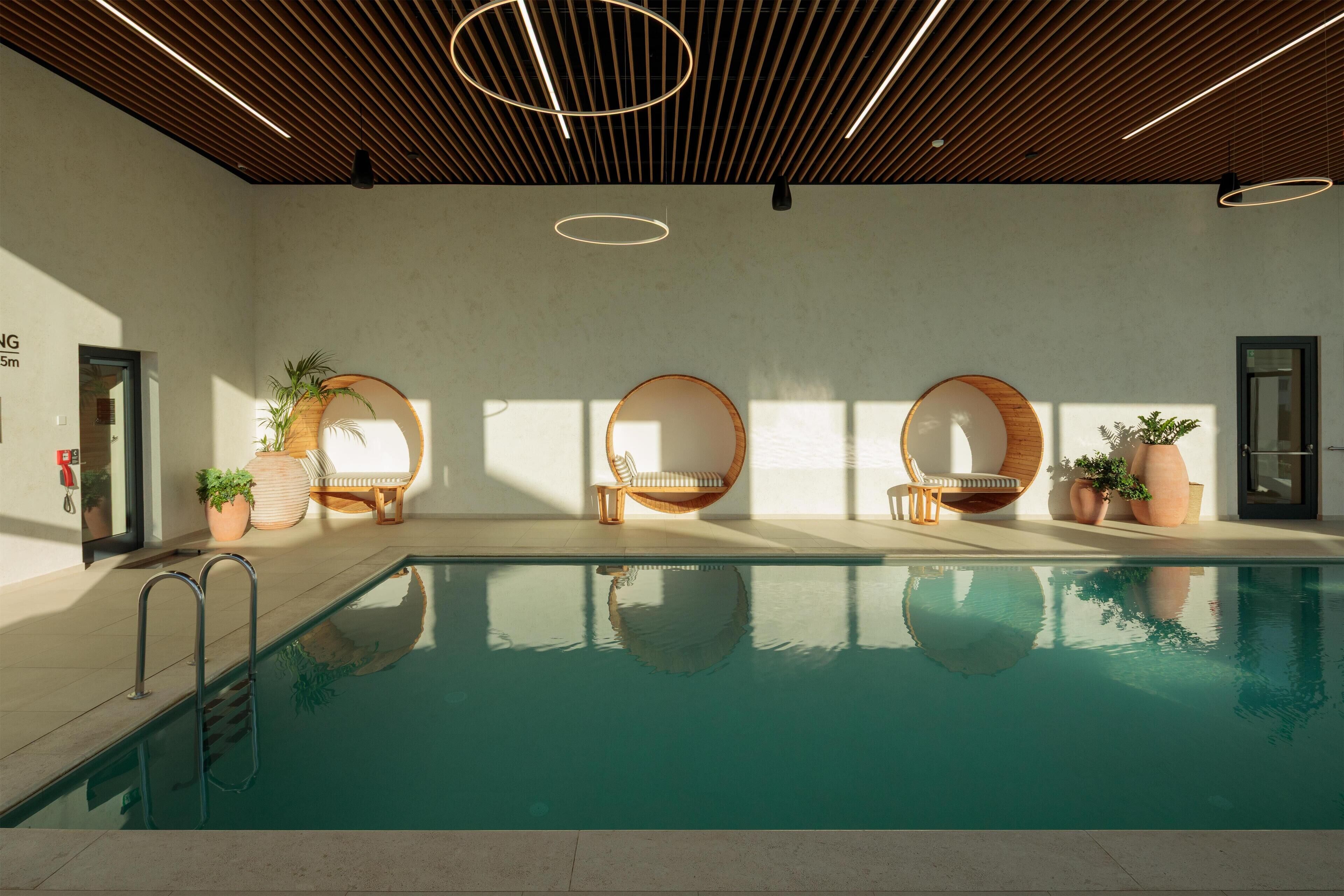Une piscine agrémentée de trois chaises en bois et de plantes en pot, un plafond en bois avec un éclairage linéaire, et une eau claire qui reflète l’environnement.