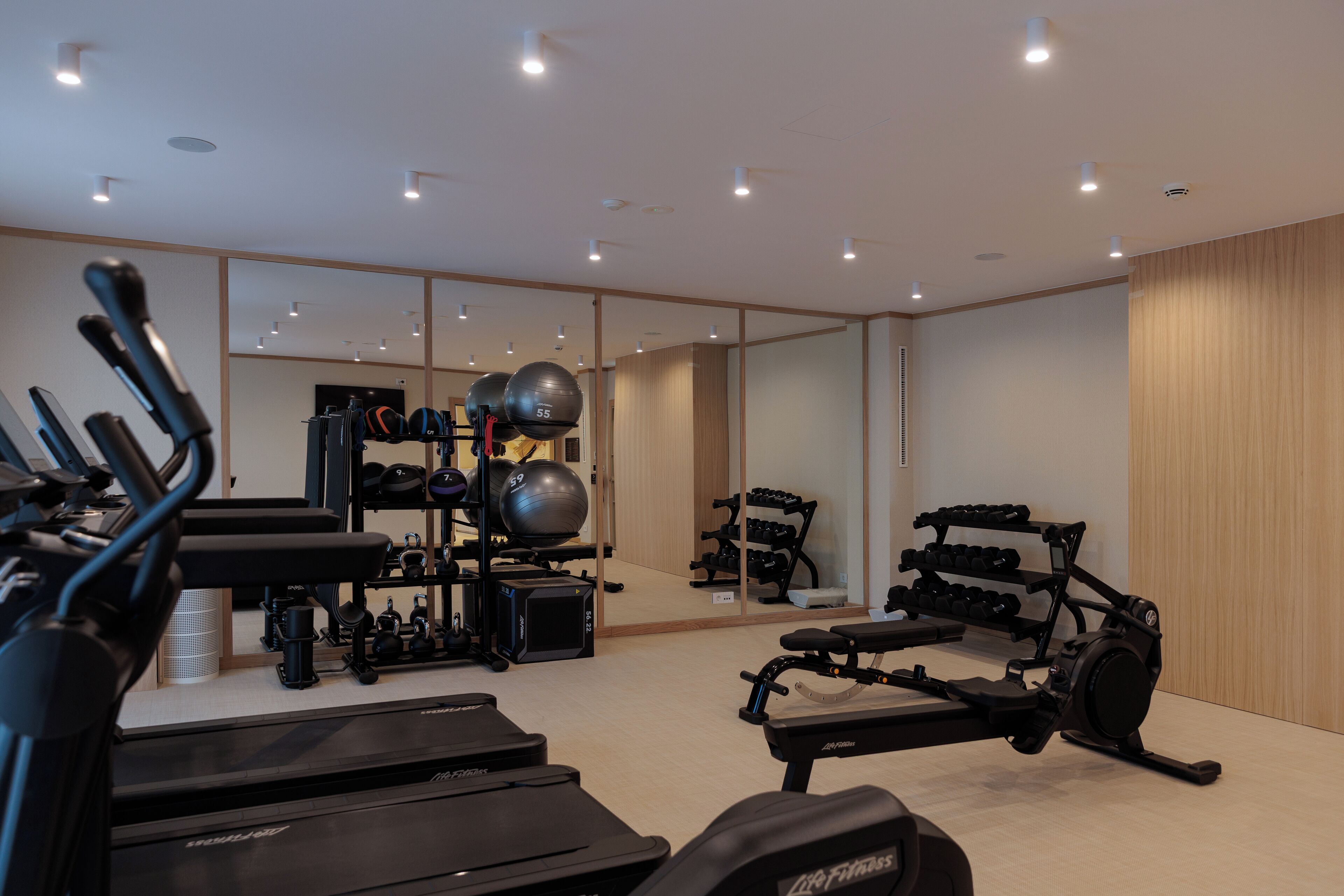 A modern gym with cardio equipment, weight machines, and a mirrored wall.