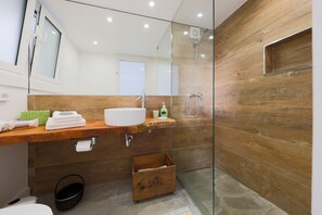 Shower, hair dryer, towels, shampoo