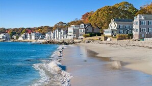 A coastal beach with houses along the shore.