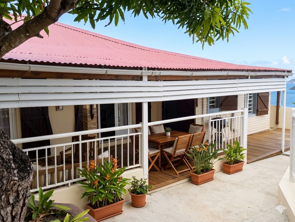 Un espace extérieur aménagé, abrité et doté de tables et de chaises, de plantes en pot, et offrant une vue sur la mer.