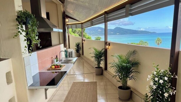 A balcony with a kitchen area, potted plants, and a view of the sea. - Old family home renovated for holidaymakers (Basse-Terre)