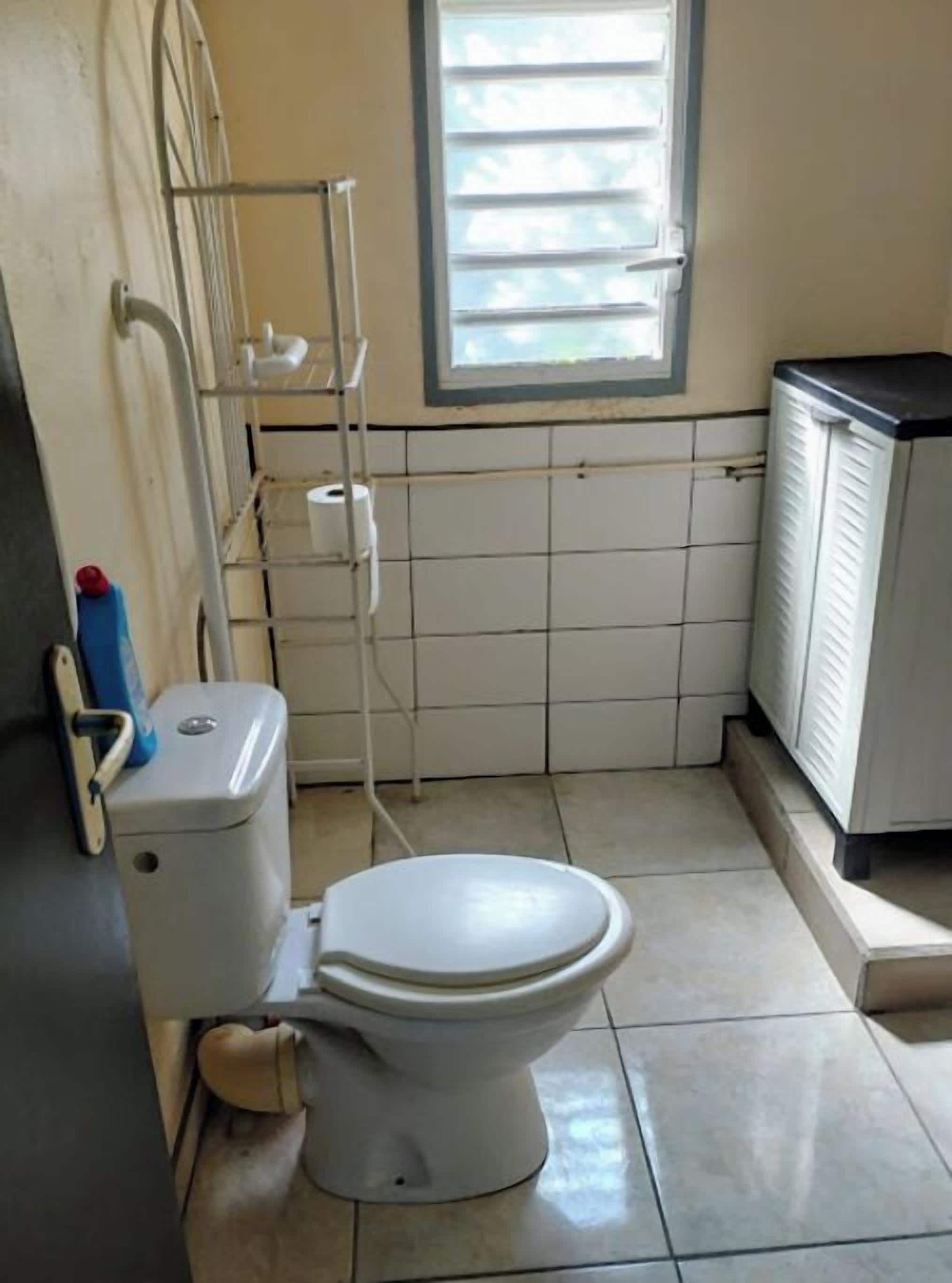 A small, compact bathroom with a toilet, a shelf with toiletries, and a window with blinds.