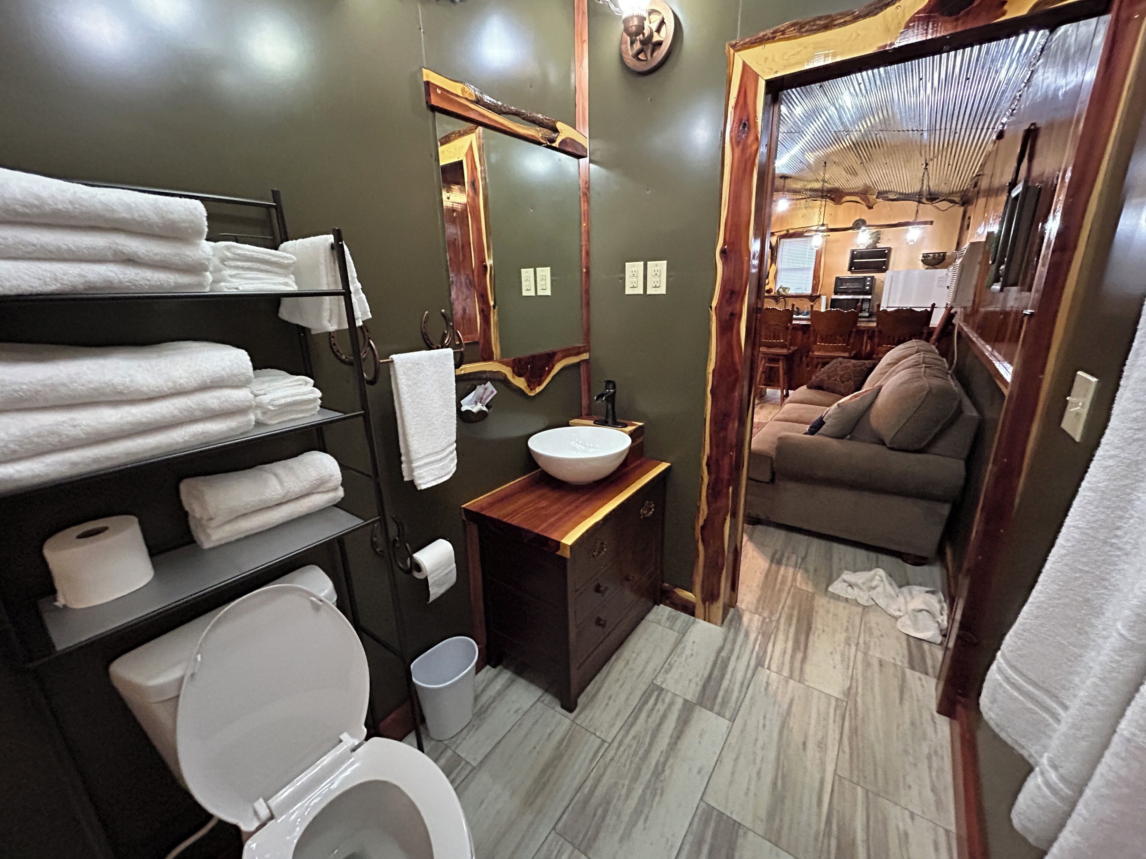 Hair dryer, towels, soap, toilet paper