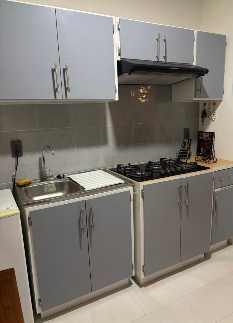 A kitchen with grey cabinets, a stainless steel sink, and a gas stove.