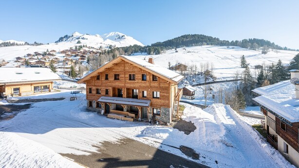 A wooden chalet with a sloped roof, surrounded by snow-covered fields and mountains.