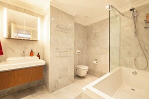 Shower, hair dryer, towels, soap