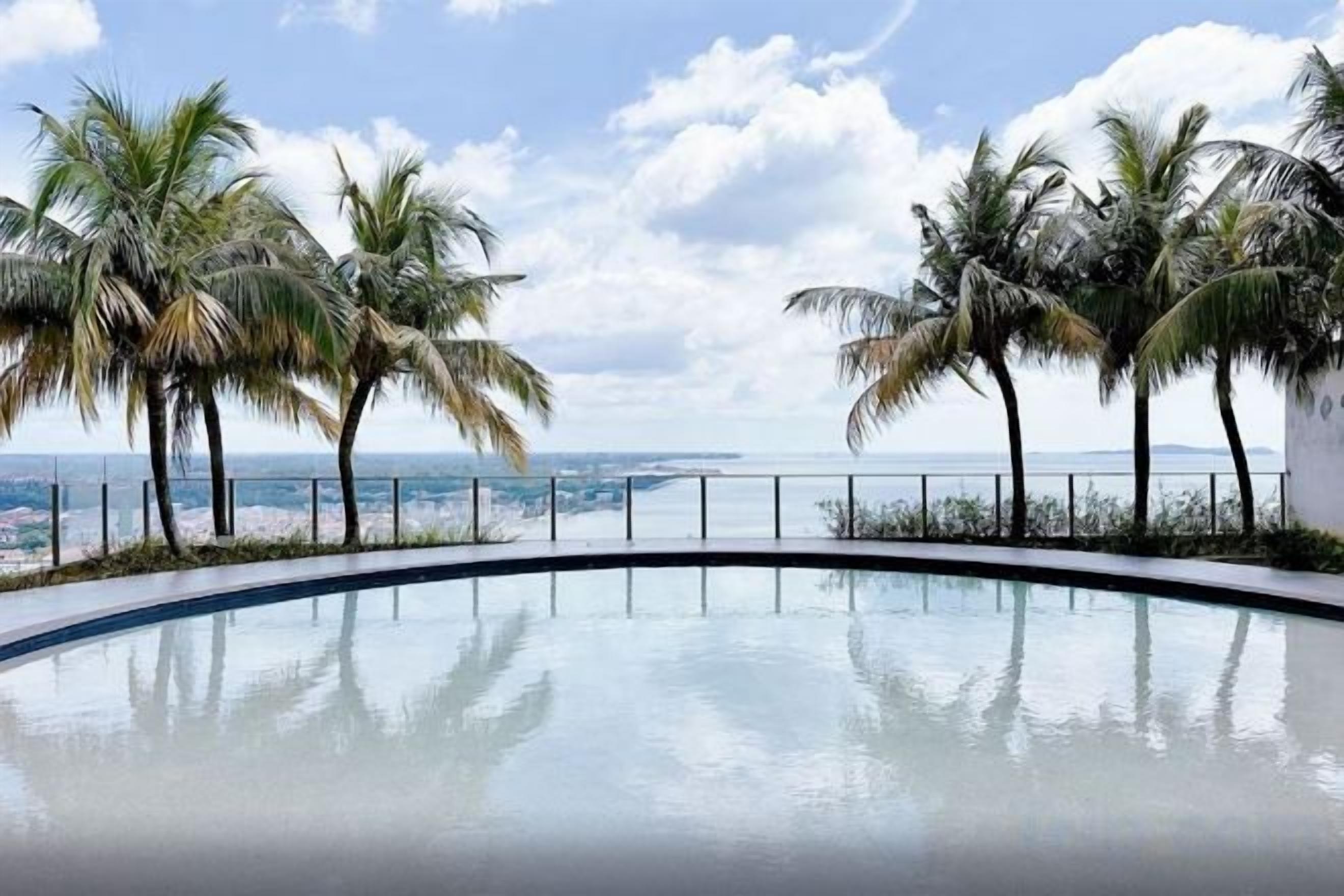 A pool with a curved edge, surrounded by palm trees and a view of the sea.