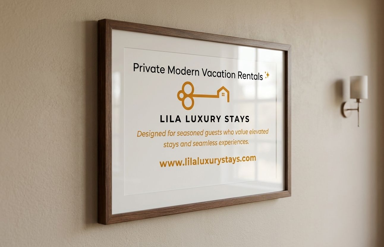 A framed sign with text advertising private modern vacation rentals, a key icon, and a website URL.