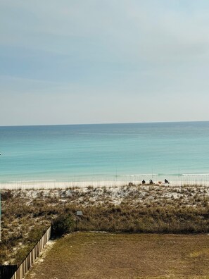En la playa, camastros y toallas de playa 