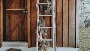 A wooden barn with a metal ladder leaning against it, a stone wall, and a wooden door. - Shepherd's Story, Ross (Ross)