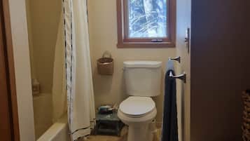 Hair dryer, towels, soap, toilet paper