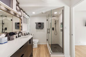 Shower, hair dryer, towels