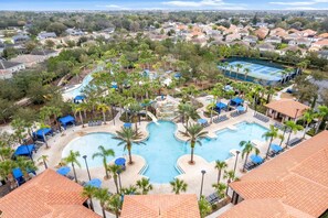 Outdoor pool, pool umbrellas, sun loungers