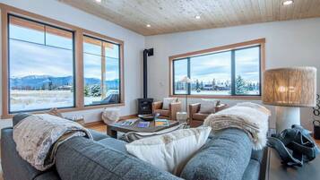 Smart TV, chimenea, libros y estéreo