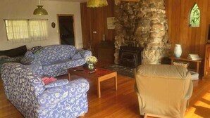 Una sala de estar acogedora con un sofá estampado, un sillón color beige y una chimenea de piedra.